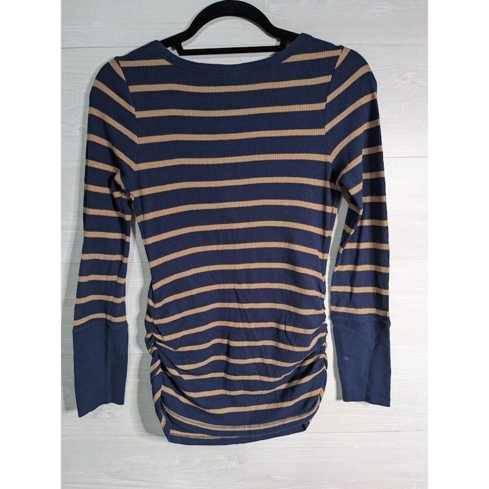 Old Navy Maternity Small S Navy Blue Tan Striped Waffle Knit Henley Ruched Shirt - Picture 3 of 3